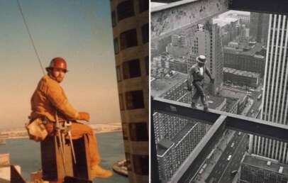 Left: A construction worker in a red helmet sits on a steel beam high above a cityscape with water in the background. Right: Another worker balances on a steel beam, overlooking a busy city street below. Both scenes showcase high-rise construction work.