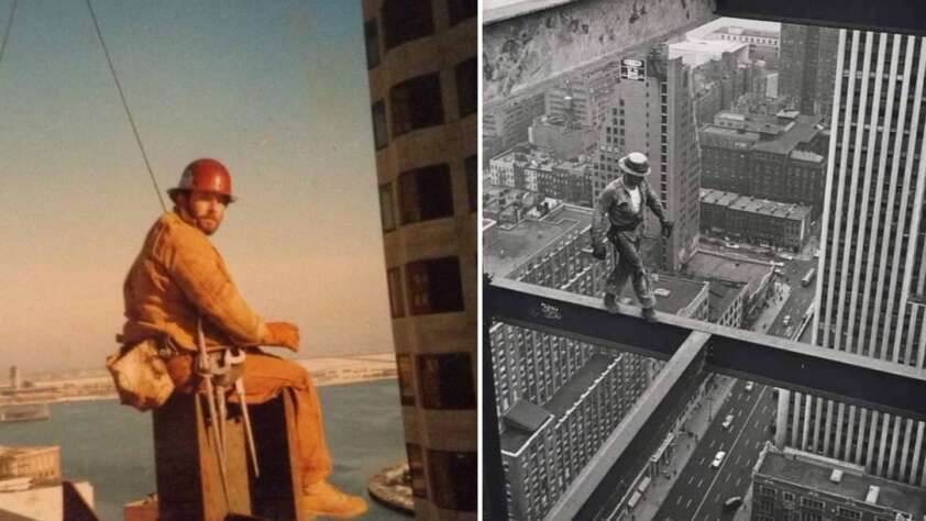 Left: A construction worker in a red helmet sits on a steel beam high above a cityscape with water in the background. Right: Another worker balances on a steel beam, overlooking a busy city street below. Both scenes showcase high-rise construction work.