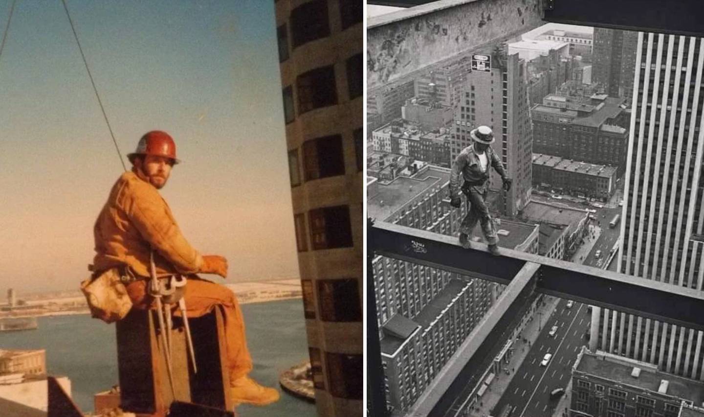 Left: A construction worker in a red helmet sits on a steel beam high above a cityscape with water in the background. Right: Another worker balances on a steel beam, overlooking a busy city street below. Both scenes showcase high-rise construction work.