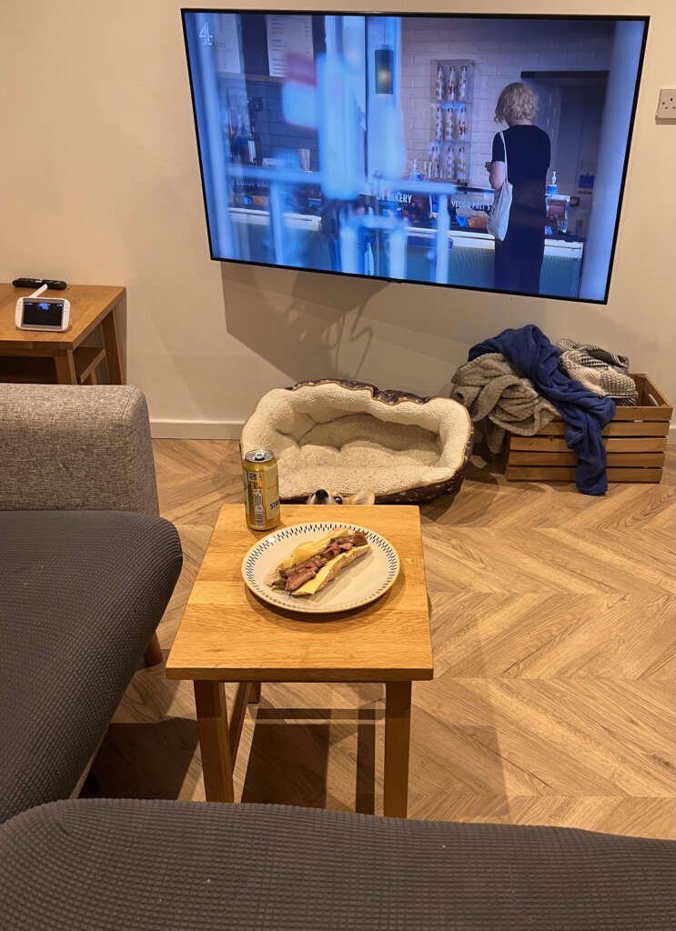 Living room scene with a TV mounted on the wall showing a person in a black outfit. A sandwich on a plate sits on a wooden table, next to an empty dog bed, a drink can, and a blue blanket on a box in the background.