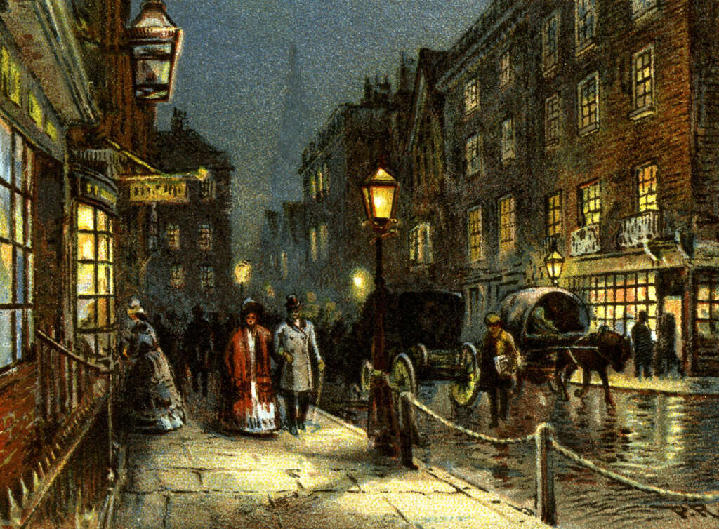 A vintage illustration of a 19th-century street scene at night. Gas lamps illuminate people walking on a wet sidewalk. Horse-drawn carriages and Victorian-era buildings line the street, creating a nostalgic and atmospheric urban setting.