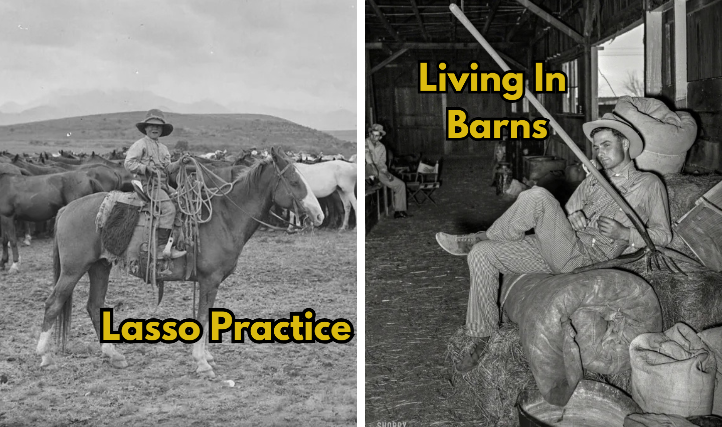 Left side: A cowboy on horseback practicing lassoing in a field. Right side: A person relaxing on a hay bale inside a barn, with "Living in Barns" written above. Both images are black and white with captions.