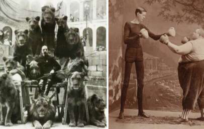 Left: A man sits in a chariot surrounded by several lions. Right: Two men in boxing stances, one tall and thin, the other short and large, in a vintage setting.