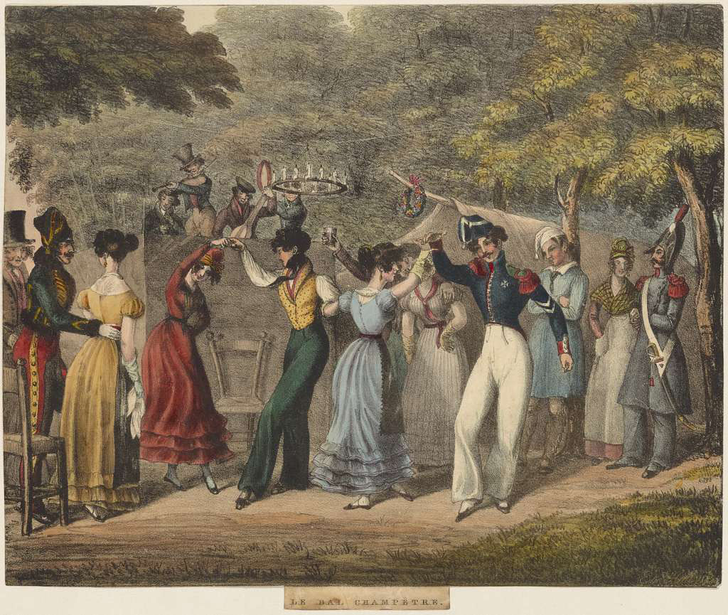 People in 19th-century attire dance joyfully outdoors. A woman in a red dress leads a circle, while others in varied outfits join. Trees and musicians are in the background, enhancing the festive atmosphere.