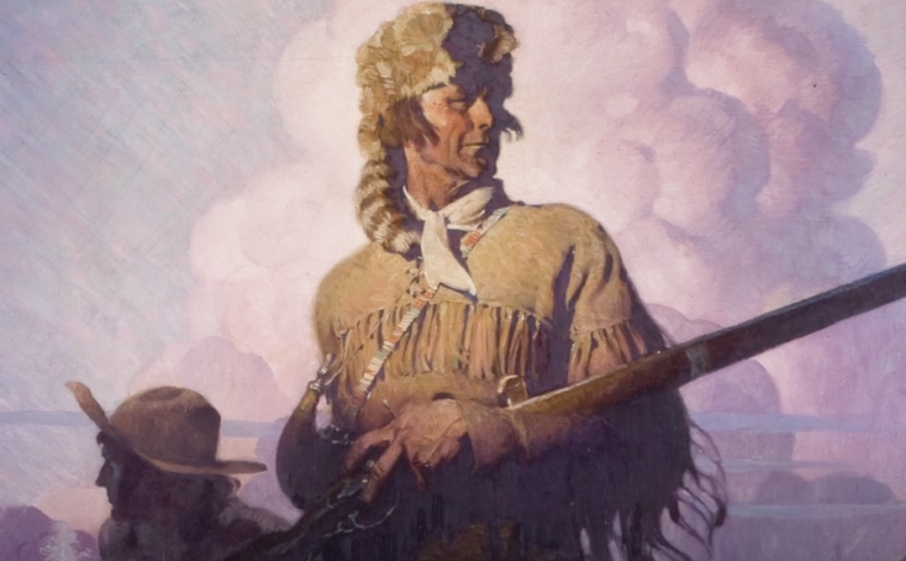 A painting of a frontiersman holding a rifle, wearing a fringed jacket and coonskin cap. He stands against a backdrop of fluffy clouds, next to another figure in a wide-brim hat. The colors are soft, with an emphasis on light and shadow.