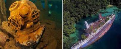 Split image showing the interior of a sunken ship with a rusty old diving helmet on the left; the right features an aerial view of a dilapidated shipwreck partially submerged in vibrant turquoise water surrounded by lush green forest.