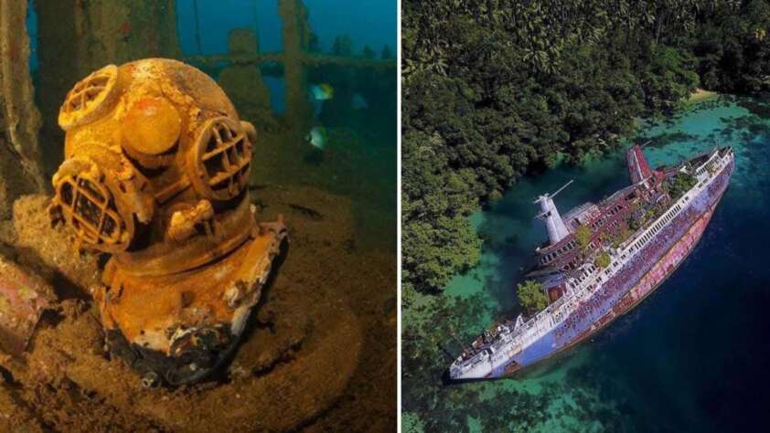 Split image showing the interior of a sunken ship with a rusty old diving helmet on the left; the right features an aerial view of a dilapidated shipwreck partially submerged in vibrant turquoise water surrounded by lush green forest.