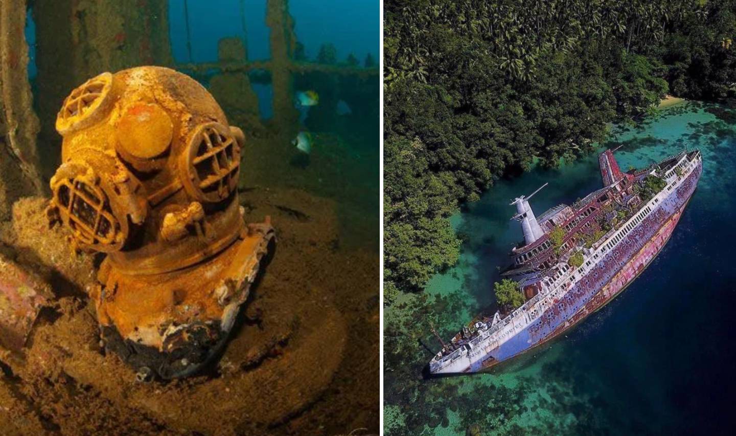 Split image showing the interior of a sunken ship with a rusty old diving helmet on the left; the right features an aerial view of a dilapidated shipwreck partially submerged in vibrant turquoise water surrounded by lush green forest.