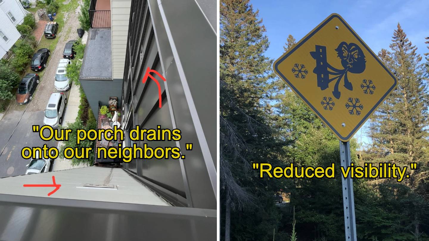 Left image: View from above showing a porch drain directing water onto a neighbor's roof with a caption. Right image: Yellow traffic sign with a symbol for reduced visibility due to snow, and a caption displaying "Reduced visibility." Trees are in the background.