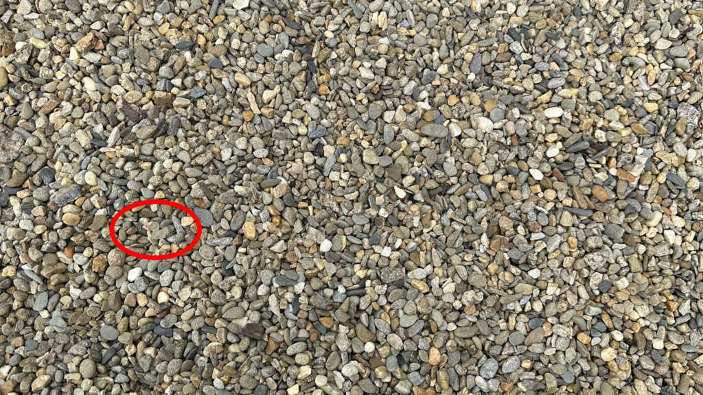 A close-up view of a large area covered with small gravel stones in varying shades of gray and brown. A red circle highlights a specific spot on the gravel.