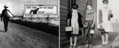 Left: A man walks down a dirt road with a suitcase, passing a billboard that reads "Next Time Try the Train, Relax." Right: Three children stand on a wooden porch, wearing gas masks and holding buckets, dressed in 1930s style clothing.