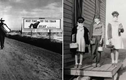 Left: A man walks down a dirt road with a suitcase, passing a billboard that reads "Next Time Try the Train, Relax." Right: Three children stand on a wooden porch, wearing gas masks and holding buckets, dressed in 1930s style clothing.