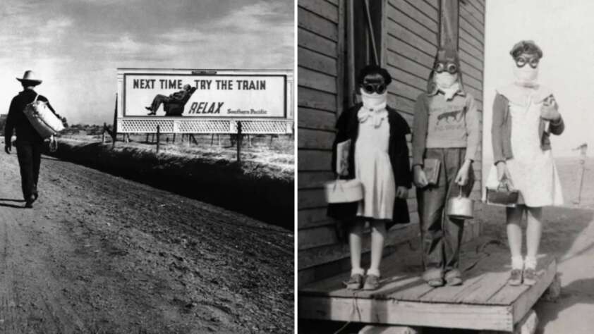 Left: A man walks down a dirt road with a suitcase, passing a billboard that reads "Next Time Try the Train, Relax." Right: Three children stand on a wooden porch, wearing gas masks and holding buckets, dressed in 1930s style clothing.