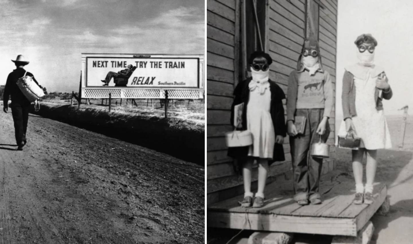 Left: A man walks down a dirt road with a suitcase, passing a billboard that reads "Next Time Try the Train, Relax." Right: Three children stand on a wooden porch, wearing gas masks and holding buckets, dressed in 1930s style clothing.