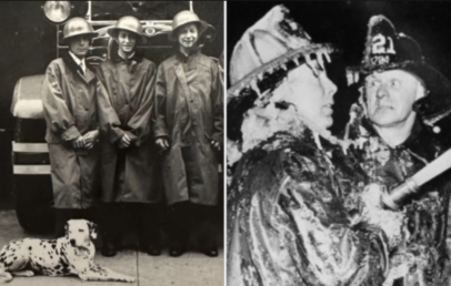 Left: Three firefighters in vintage gear stand beside a fire truck, with a Dalmatian sitting in front. Right: Two firefighters in helmets, one holding a hose, are covered in foam or snow.