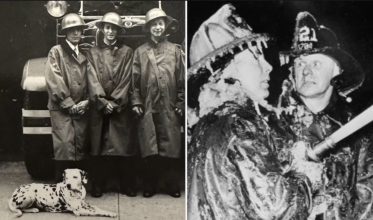 Left: Three firefighters in vintage gear stand beside a fire truck, with a Dalmatian sitting in front. Right: Two firefighters in helmets, one holding a hose, are covered in foam or snow.