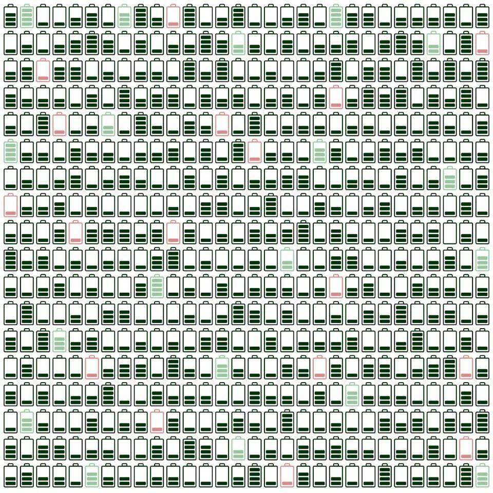 A grid of numerous green and white icons resembling file or document symbols, with a few randomly placed red and green variations scattered throughout. The icons create a repetitive pattern on a white background.