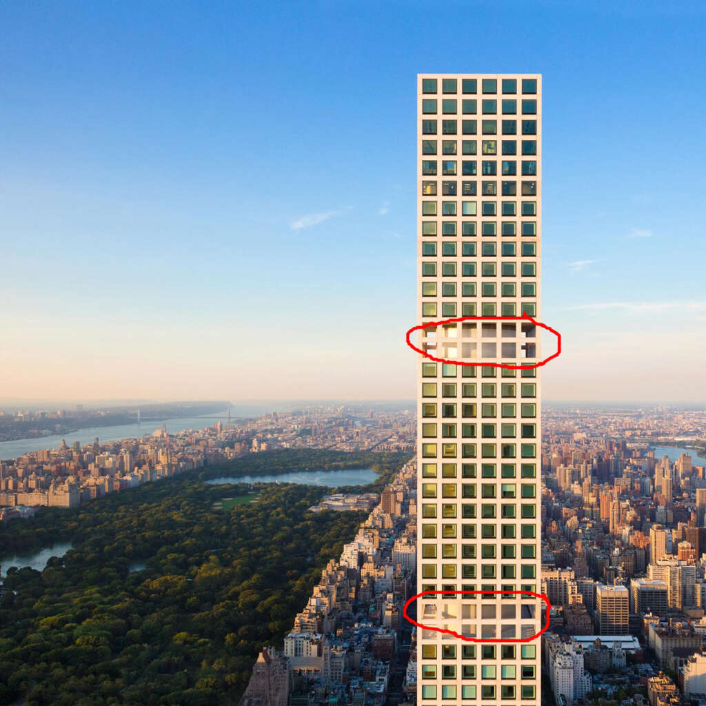 A tall, slender skyscraper in a city skyline with two red circles highlighting specific parts of the building. The city and a large green park are visible below, under a clear blue sky.