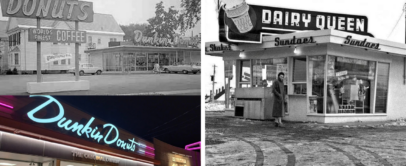 A collage of vintage and modern storefronts: a black-and-white photo of an old Dunkin' Donuts, a black-and-white Dairy Queen, and a modern, illuminated Dunkin' Donuts with pink and orange branding.