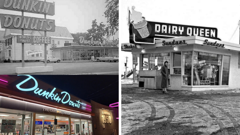 A collage of vintage and modern storefronts: a black-and-white photo of an old Dunkin' Donuts, a black-and-white Dairy Queen, and a modern, illuminated Dunkin' Donuts with pink and orange branding.