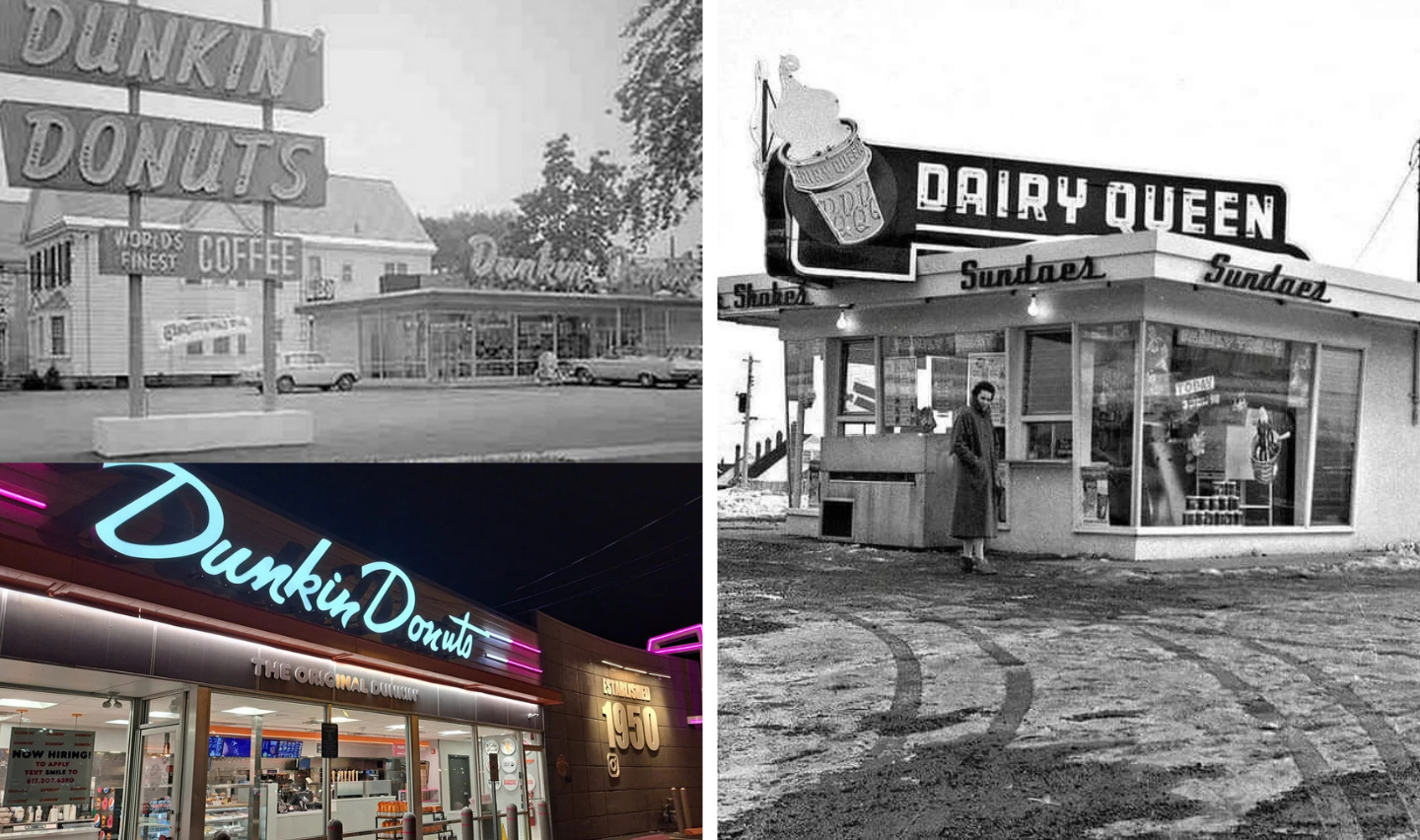 A collage of vintage and modern storefronts: a black-and-white photo of an old Dunkin' Donuts, a black-and-white Dairy Queen, and a modern, illuminated Dunkin' Donuts with pink and orange branding.