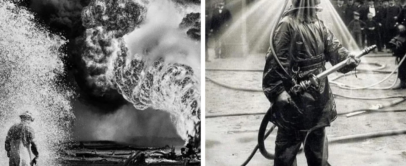 Left image: A firefighter sprays foam toward a burning fire. Billowing smoke rises in the background. Right image: A firefighter in protective gear is drenched with water spray, holding a hose, surrounded by onlookers.