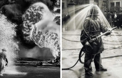 Left image: A firefighter sprays foam toward a burning fire. Billowing smoke rises in the background. Right image: A firefighter in protective gear is drenched with water spray, holding a hose, surrounded by onlookers.