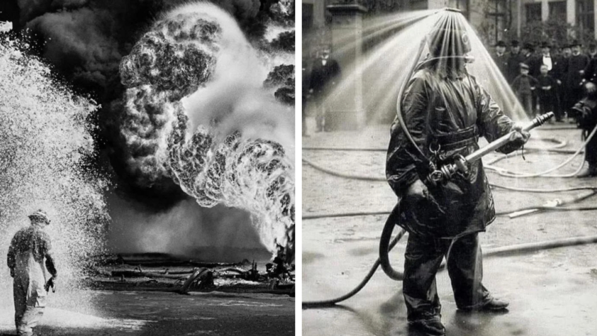 Left image: A firefighter sprays foam toward a burning fire. Billowing smoke rises in the background. Right image: A firefighter in protective gear is drenched with water spray, holding a hose, surrounded by onlookers.