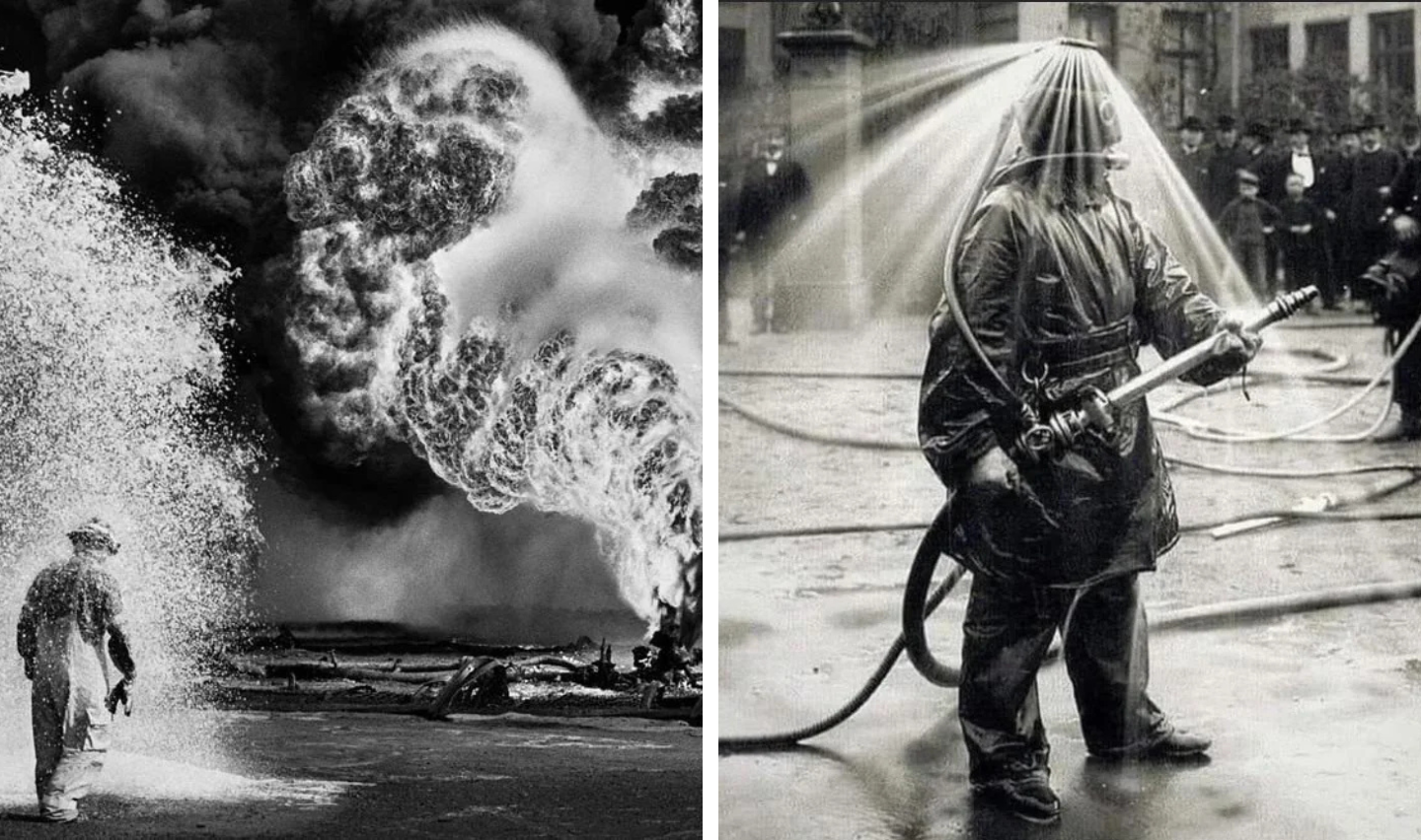 Left image: A firefighter sprays foam toward a burning fire. Billowing smoke rises in the background. Right image: A firefighter in protective gear is drenched with water spray, holding a hose, surrounded by onlookers.