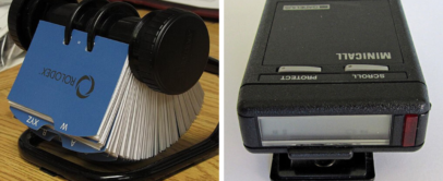 Split image: Left shows a Rolodex with indexed cards on a desk. Right displays a black Minicall pager with buttons labeled "protect" and "scroll.