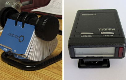 Split image: Left shows a Rolodex with indexed cards on a desk. Right displays a black Minicall pager with buttons labeled "protect" and "scroll.