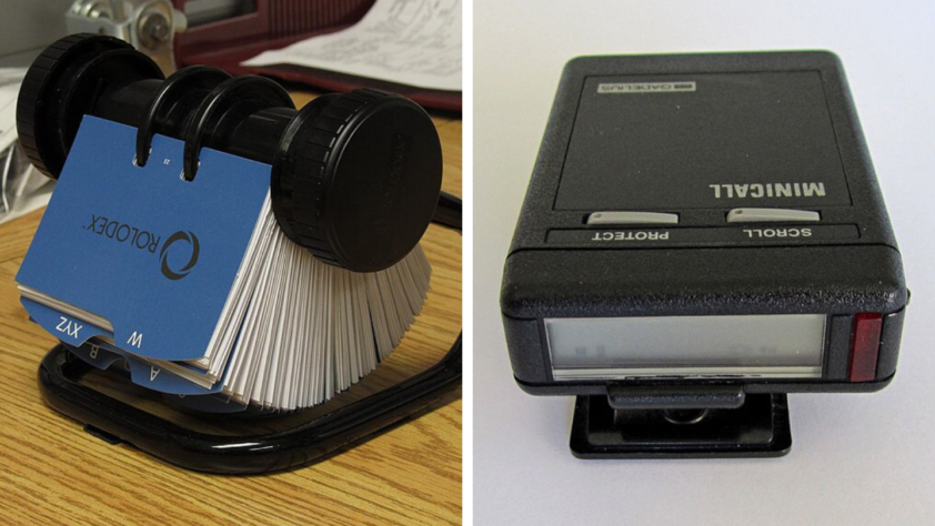 Split image: Left shows a Rolodex with indexed cards on a desk. Right displays a black Minicall pager with buttons labeled "protect" and "scroll.