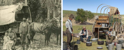 Left: A black-and-white photo of a family with a covered wagon and horses in a wooded area. Right: A color photo of three men in cowboy attire with a chuckwagon and cooking utensils in a grassy field.