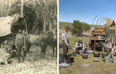 Left: A black-and-white photo of a family with a covered wagon and horses in a wooded area. Right: A color photo of three men in cowboy attire with a chuckwagon and cooking utensils in a grassy field.