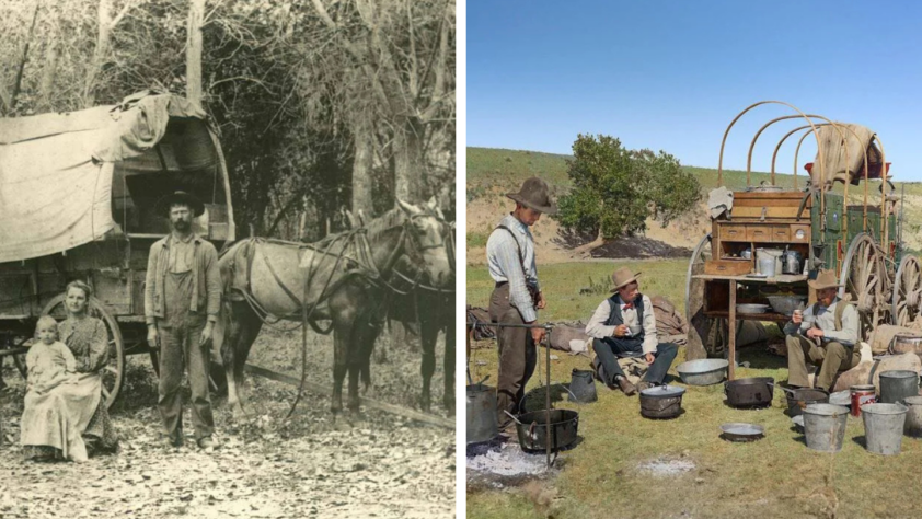 Left: A black-and-white photo of a family with a covered wagon and horses in a wooded area. Right: A color photo of three men in cowboy attire with a chuckwagon and cooking utensils in a grassy field.