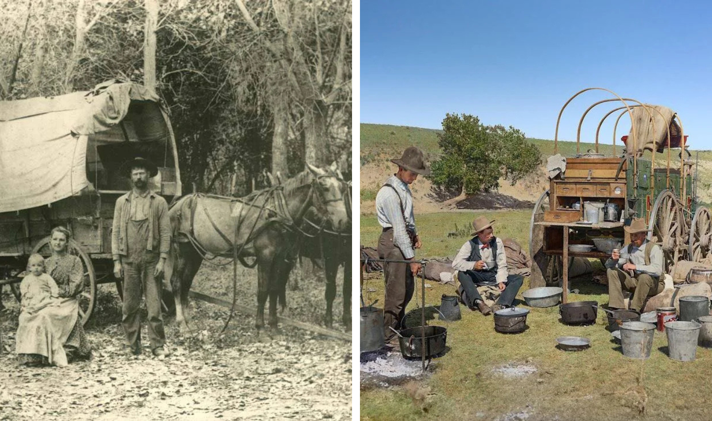 Left: A black-and-white photo of a family with a covered wagon and horses in a wooded area. Right: A color photo of three men in cowboy attire with a chuckwagon and cooking utensils in a grassy field.