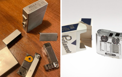 Split image showing a disassembled cigarette lighter with metal parts on a wooden surface on the left, and a vintage camera enclosed in a Parliament cigarette pack on the right.