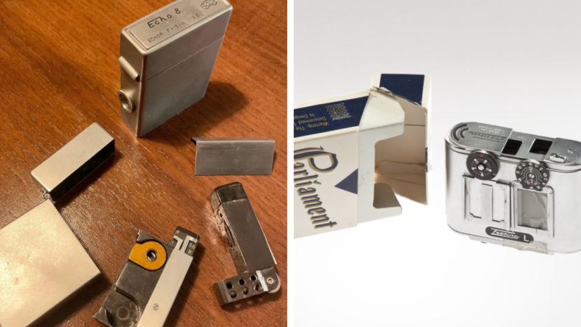 Split image showing a disassembled cigarette lighter with metal parts on a wooden surface on the left, and a vintage camera enclosed in a Parliament cigarette pack on the right.