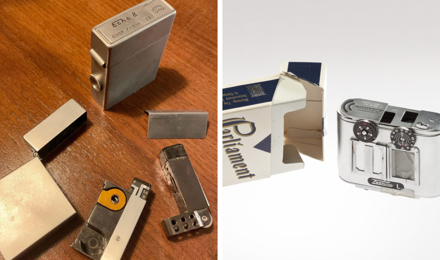 Split image showing a disassembled cigarette lighter with metal parts on a wooden surface on the left, and a vintage camera enclosed in a Parliament cigarette pack on the right.