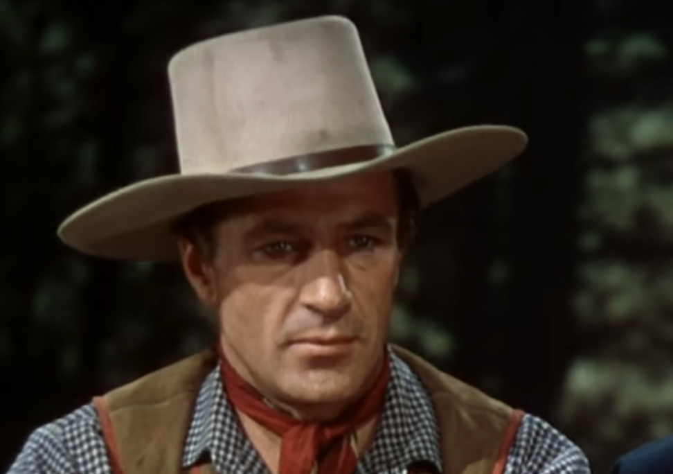 A man in a large beige cowboy hat and a red scarf looks forward. He wears a checkered shirt and a brown vest, with a forest in the background.