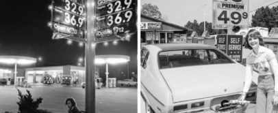 Left: A person sits under a Mobil gasoline price sign displaying prices of 32.9 and 36.9 cents. Right: A person smiles while putting gas into a car at a service station, with prices of 48.9 and 49.9 cents visible. Both images are in black and white.