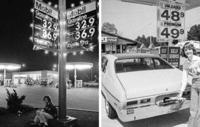 Left: A person sits under a Mobil gasoline price sign displaying prices of 32.9 and 36.9 cents. Right: A person smiles while putting gas into a car at a service station, with prices of 48.9 and 49.9 cents visible. Both images are in black and white.