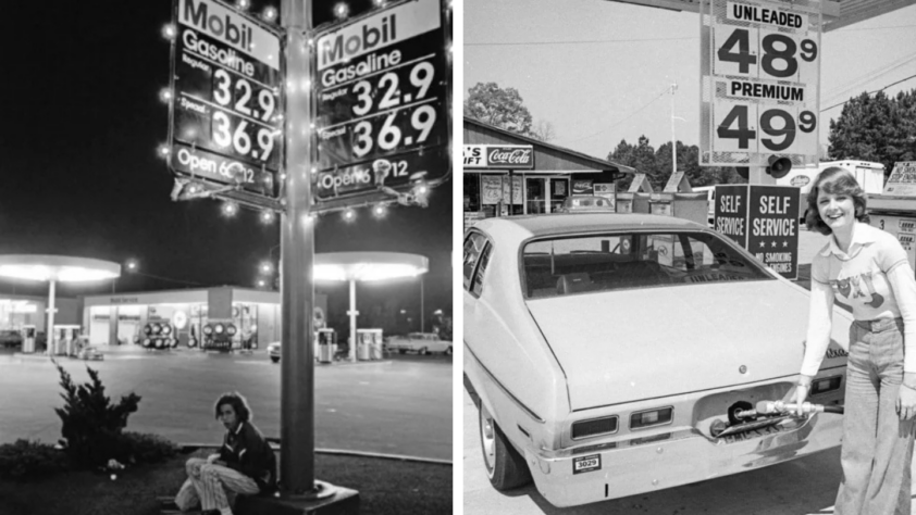 Left: A person sits under a Mobil gasoline price sign displaying prices of 32.9 and 36.9 cents. Right: A person smiles while putting gas into a car at a service station, with prices of 48.9 and 49.9 cents visible. Both images are in black and white.