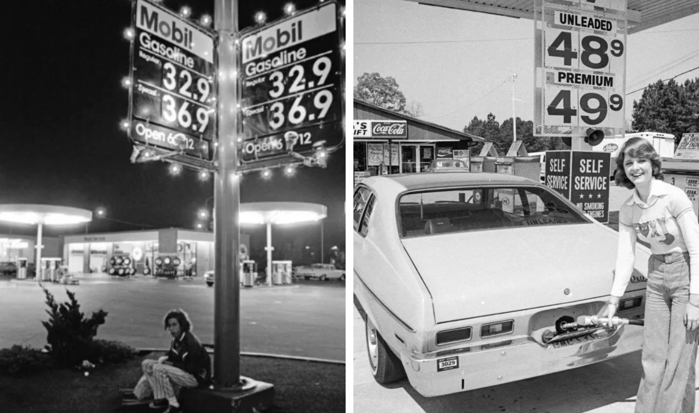 Left: A person sits under a Mobil gasoline price sign displaying prices of 32.9 and 36.9 cents. Right: A person smiles while putting gas into a car at a service station, with prices of 48.9 and 49.9 cents visible. Both images are in black and white.