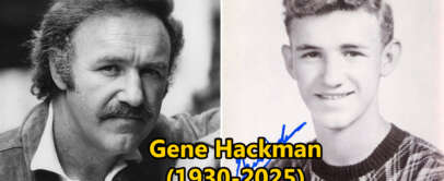 A black and white photo collage showing an older man with a mustache on the left and a younger man in a patterned sweater on the right. Text in the center reads "Gene Hackman (1930-2025)" in yellow.