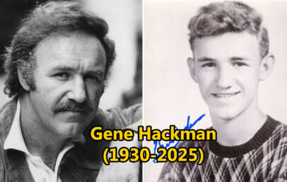 A black and white photo collage showing an older man with a mustache on the left and a younger man in a patterned sweater on the right. Text in the center reads "Gene Hackman (1930-2025)" in yellow.