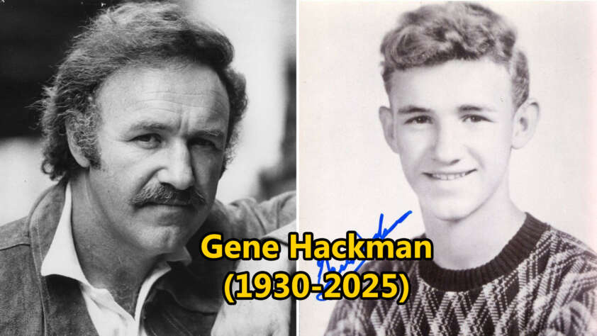 A black and white photo collage showing an older man with a mustache on the left and a younger man in a patterned sweater on the right. Text in the center reads "Gene Hackman (1930-2025)" in yellow.