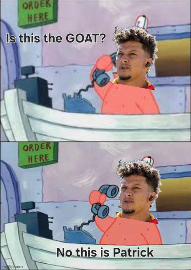 A two-panel meme featuring Patrick Star from SpongeBob SquarePants answering a phone. Patrick's head is replaced with a sports player's head. Text: "Is this the GOAT?" and "No, this is Patrick.