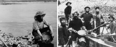 Left: A person pans for gold in a river, surrounded by stones and trees. Right: A group of six miners stand near sluice boxes, holding tools and pans, in a rocky landscape. The image is black and white, evoking a historical setting.