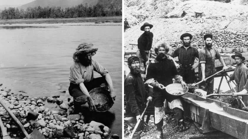 Left: A person pans for gold in a river, surrounded by stones and trees. Right: A group of six miners stand near sluice boxes, holding tools and pans, in a rocky landscape. The image is black and white, evoking a historical setting.